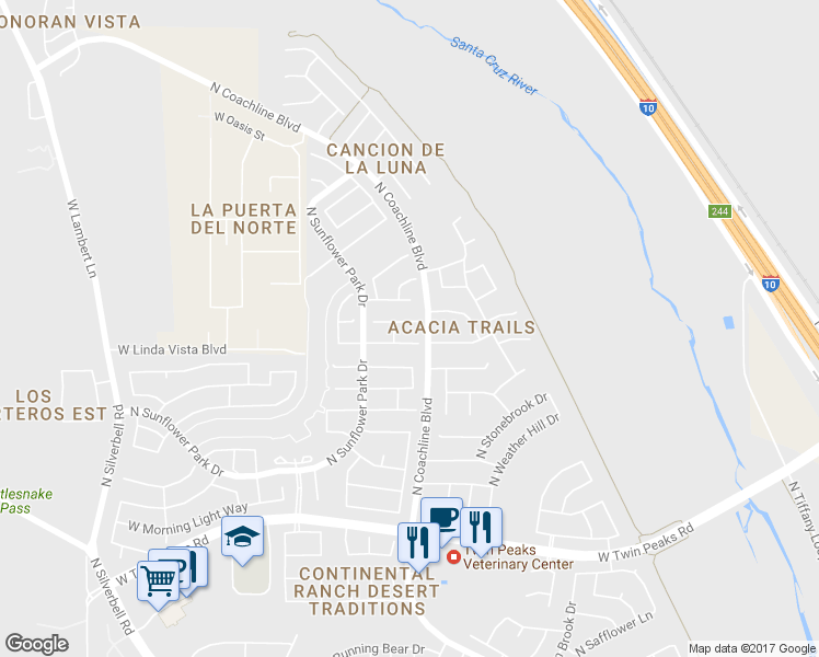 map of restaurants, bars, coffee shops, grocery stores, and more near 7613 West Copper Crest Place in Tucson