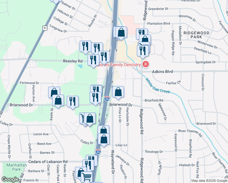 map of restaurants, bars, coffee shops, grocery stores, and more near 5712 Interstate 55 in Jackson