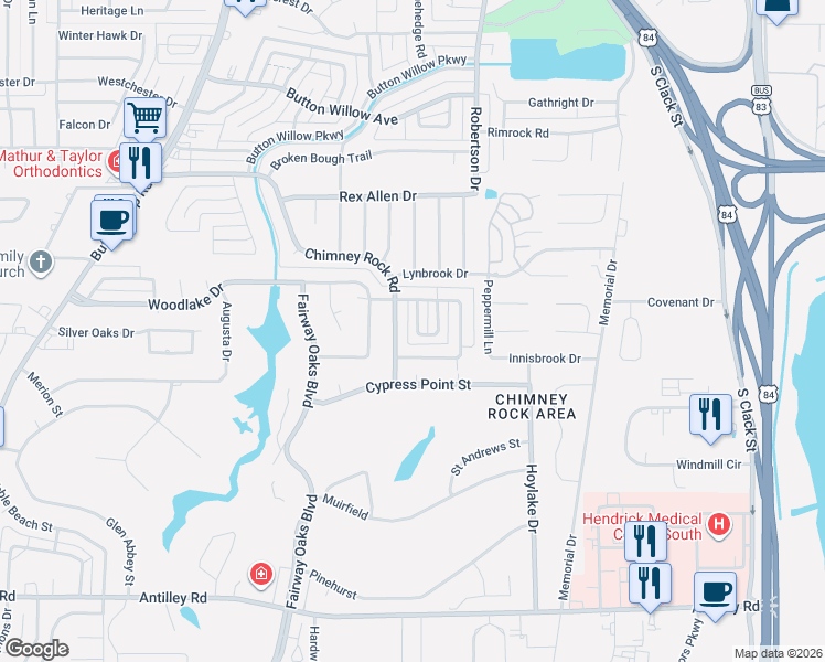 map of restaurants, bars, coffee shops, grocery stores, and more near 12 Wynrush Circle in Abilene