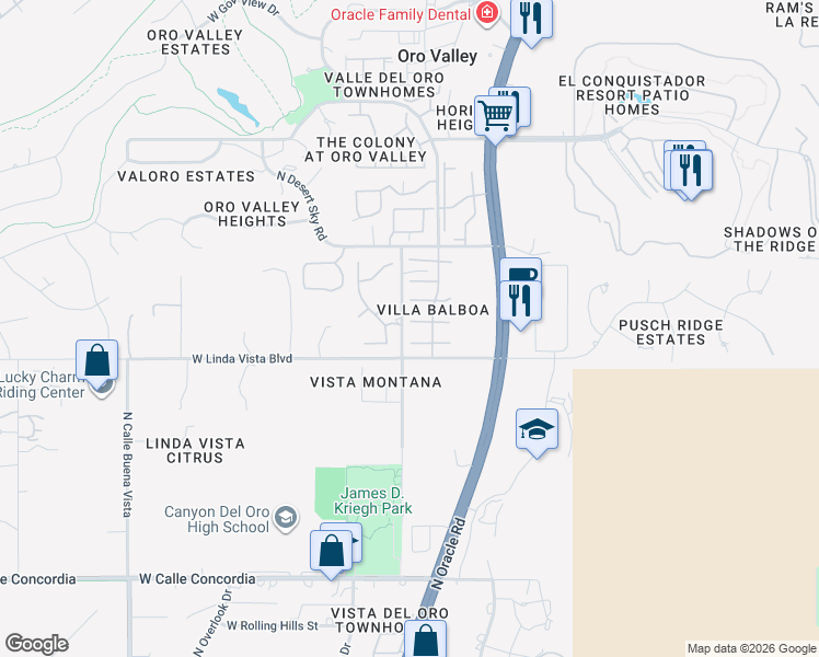 map of restaurants, bars, coffee shops, grocery stores, and more near 240 East Ridgeland Street in Oro Valley