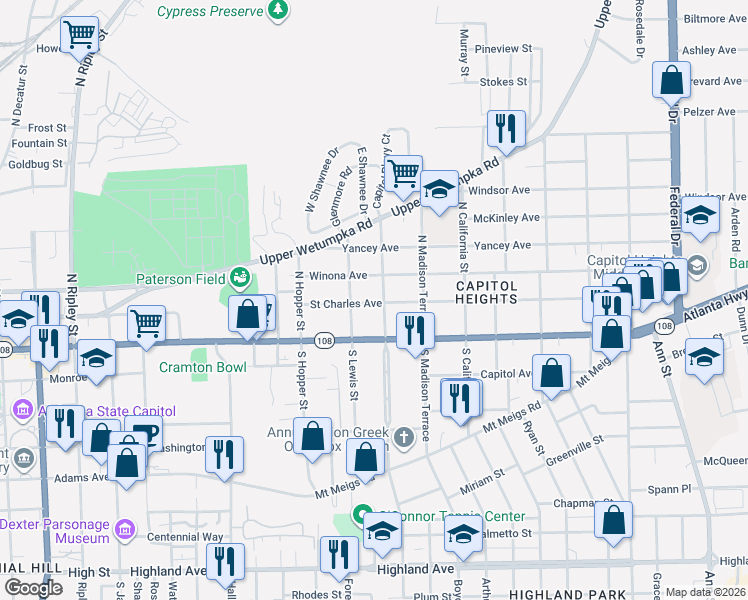 map of restaurants, bars, coffee shops, grocery stores, and more near 102 North Lewis Street in Montgomery
