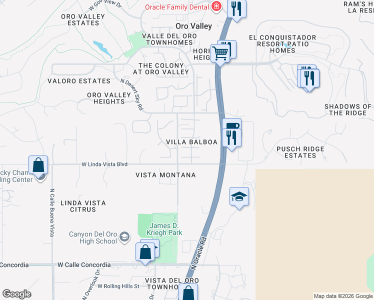 map of restaurants, bars, coffee shops, grocery stores, and more near 240 East Ridgeland Street in Oro Valley