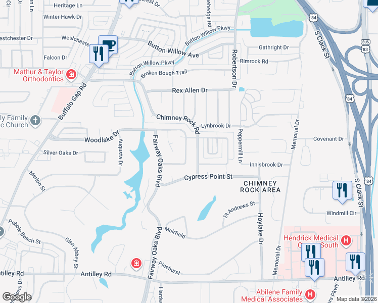 map of restaurants, bars, coffee shops, grocery stores, and more near 2526 Woodlake Drive in Abilene