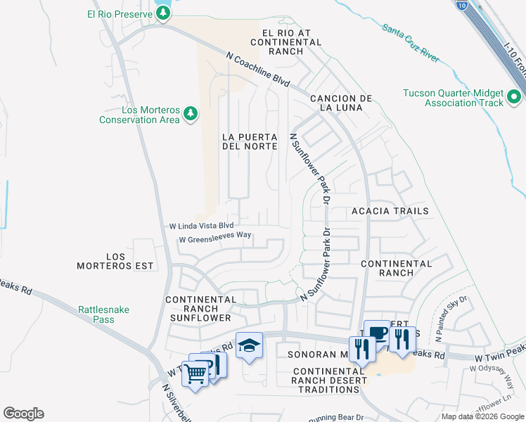 map of restaurants, bars, coffee shops, grocery stores, and more near 7826 West Linda Vista Boulevard in Tucson