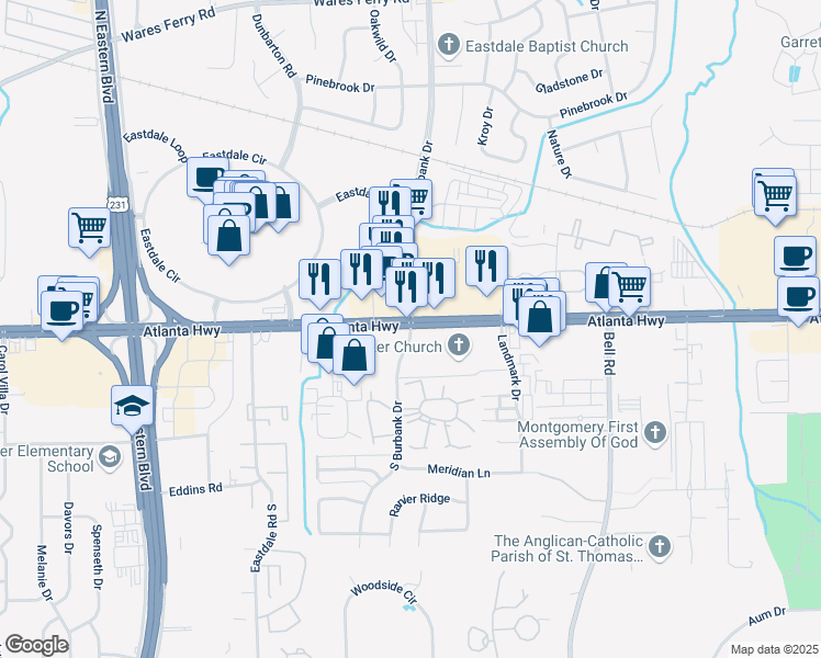 map of restaurants, bars, coffee shops, grocery stores, and more near 100 South Burbank Drive in Montgomery
