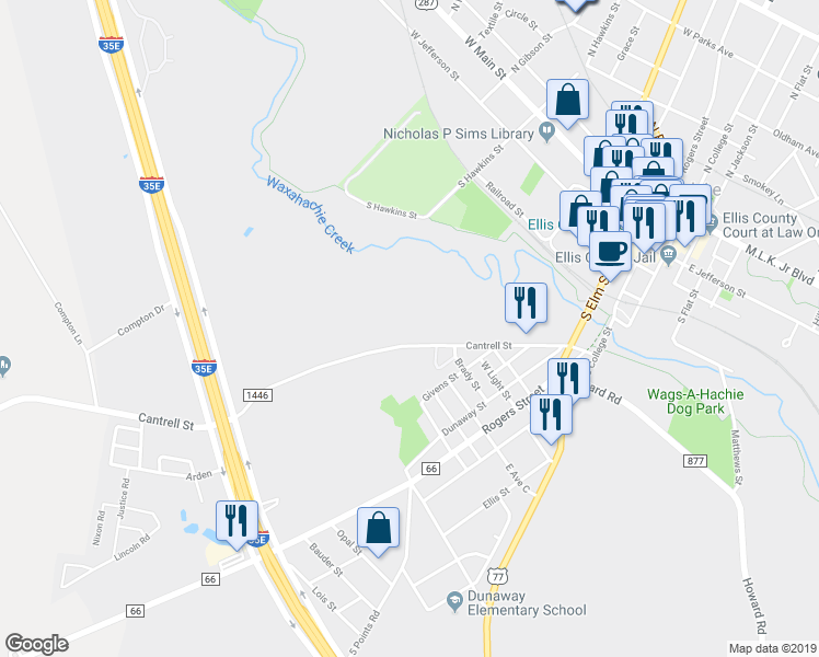map of restaurants, bars, coffee shops, grocery stores, and more near 818 Cantrell Street in Waxahachie