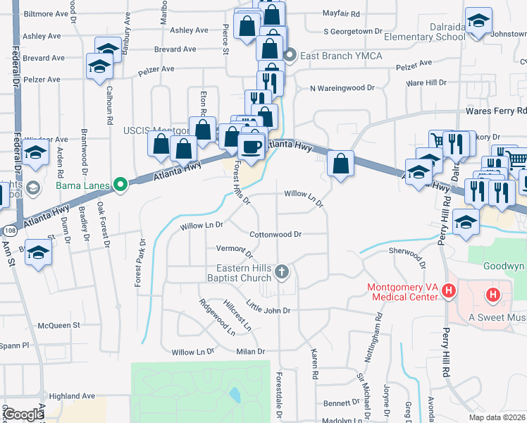 map of restaurants, bars, coffee shops, grocery stores, and more near 223 Forest Hills Drive in Montgomery