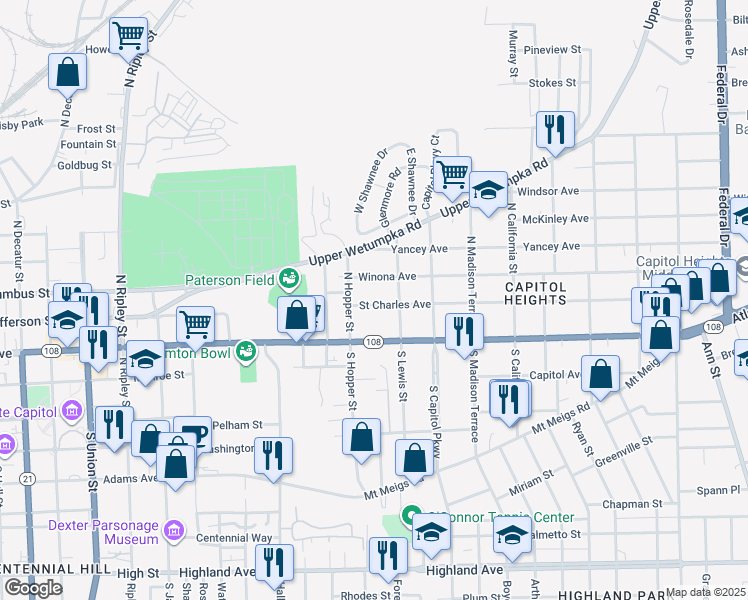 map of restaurants, bars, coffee shops, grocery stores, and more near 1527 Saint Charles Avenue in Montgomery