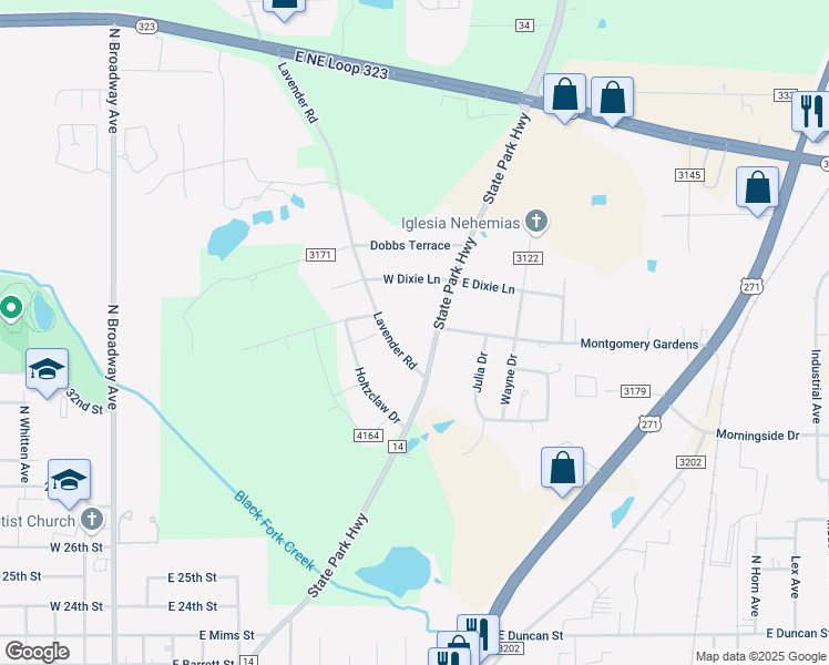 map of restaurants, bars, coffee shops, grocery stores, and more near 5649 Farm to Market Road 14 in Tyler