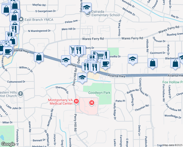 map of restaurants, bars, coffee shops, grocery stores, and more near 3950 Atlanta Highway in Montgomery