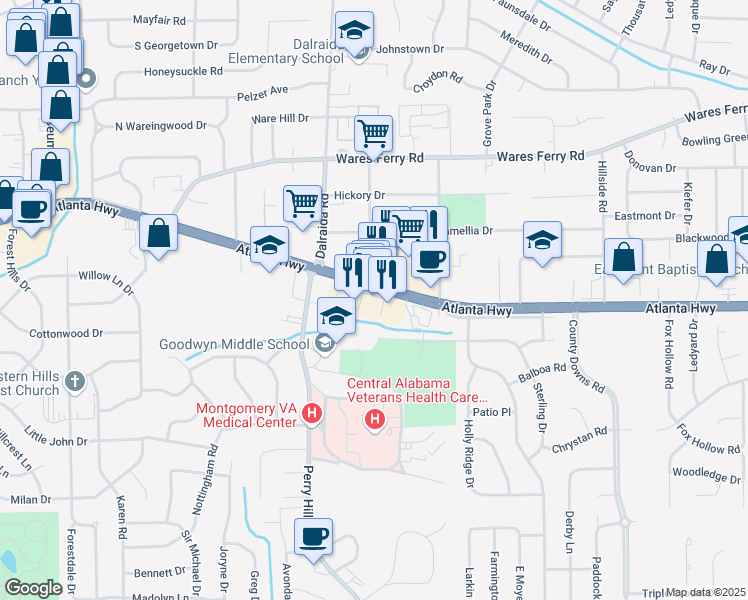 map of restaurants, bars, coffee shops, grocery stores, and more near 3950 Atlanta Highway in Montgomery