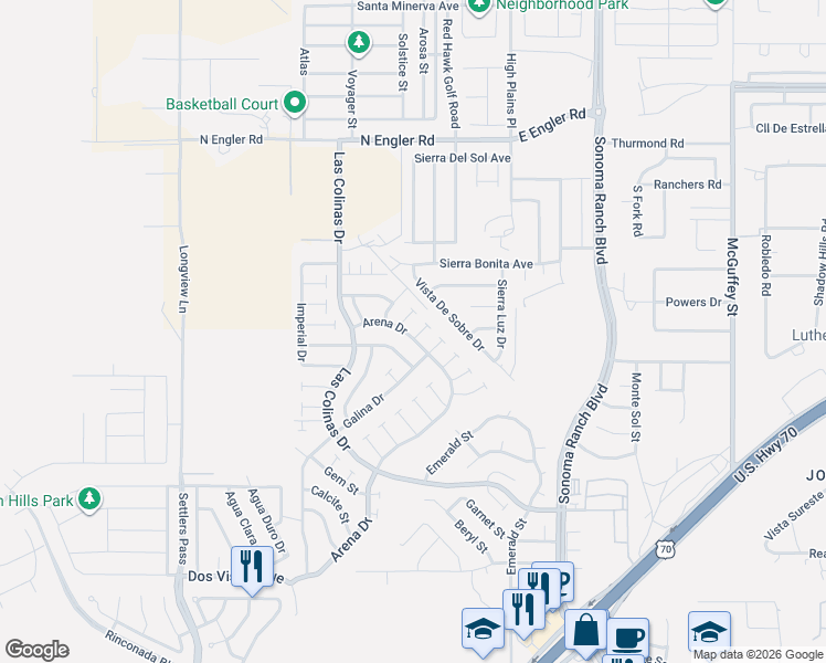 map of restaurants, bars, coffee shops, grocery stores, and more near 4012 Jewel Court in Las Cruces
