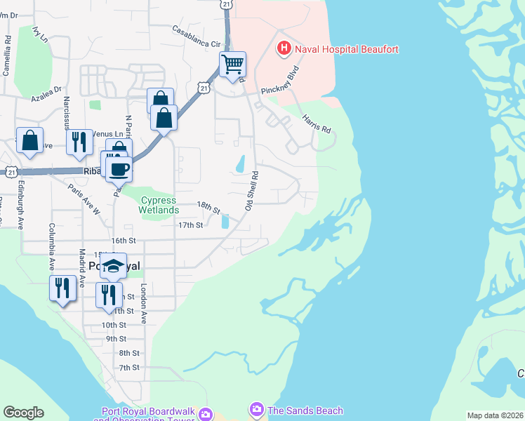 map of restaurants, bars, coffee shops, grocery stores, and more near 604 Fort Frederick Circle in Port Royal