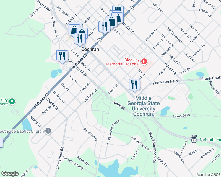 map of restaurants, bars, coffee shops, grocery stores, and more near 120 Lewis Street in Cochran