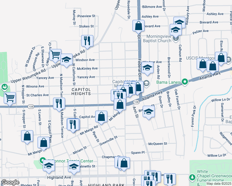 map of restaurants, bars, coffee shops, grocery stores, and more near 2205 St Charles Ave in Montgomery