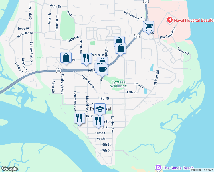 map of restaurants, bars, coffee shops, grocery stores, and more near 114 Tamara Lane in Port Royal