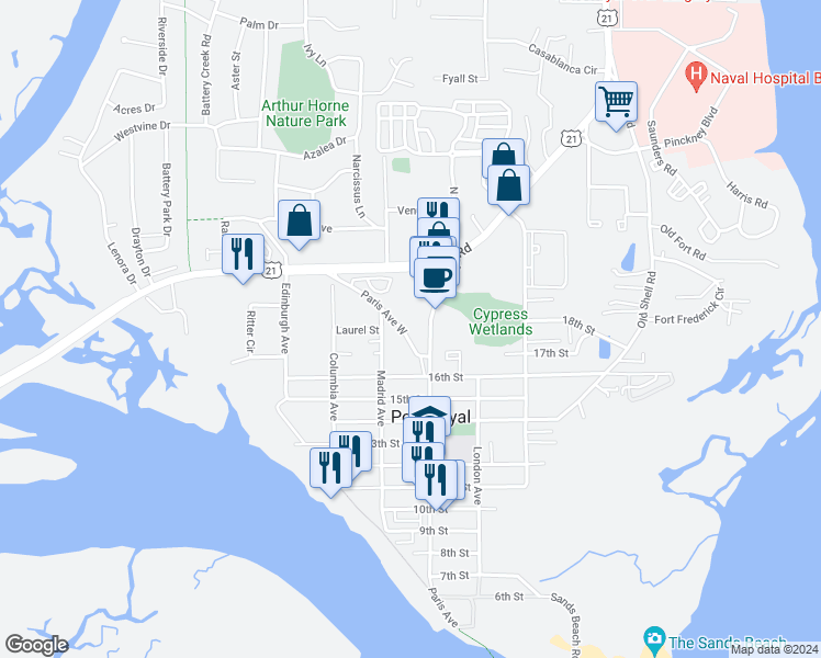 map of restaurants, bars, coffee shops, grocery stores, and more near 1621 Paris Avenue West in Port Royal