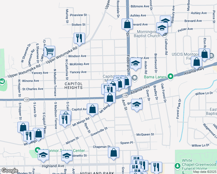 map of restaurants, bars, coffee shops, grocery stores, and more near 2212 Saint Charles Avenue in Montgomery
