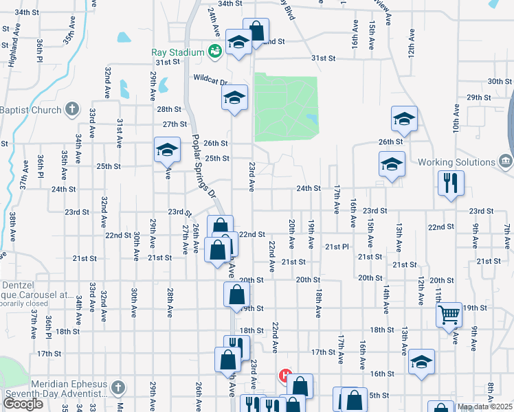 map of restaurants, bars, coffee shops, grocery stores, and more near 2214 23rd Street in Meridian