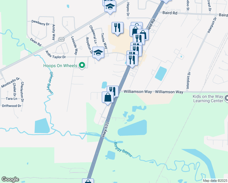map of restaurants, bars, coffee shops, grocery stores, and more near 9805 Mansfield Road in Shreveport