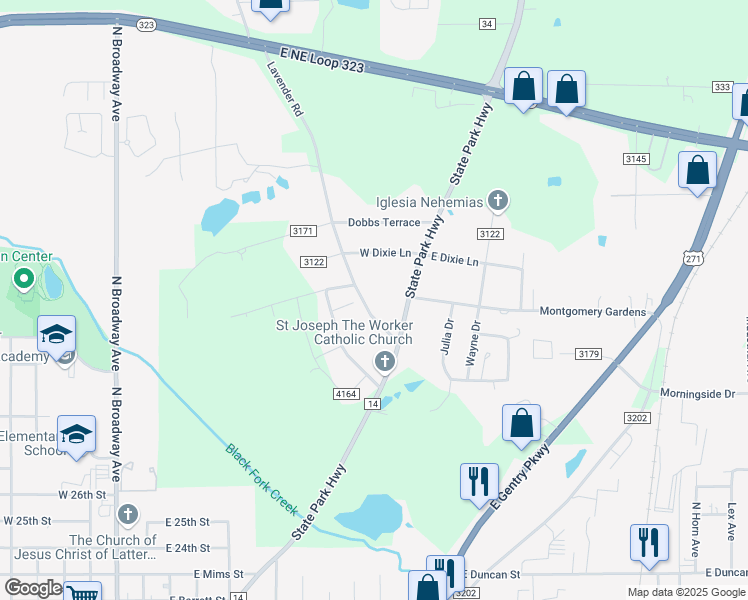 map of restaurants, bars, coffee shops, grocery stores, and more near 5649 Farm to Market Road 14 in Tyler