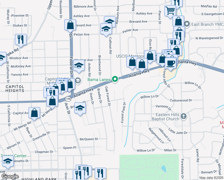map of restaurants, bars, coffee shops, grocery stores, and more near 14 Mimosa Drive in Montgomery