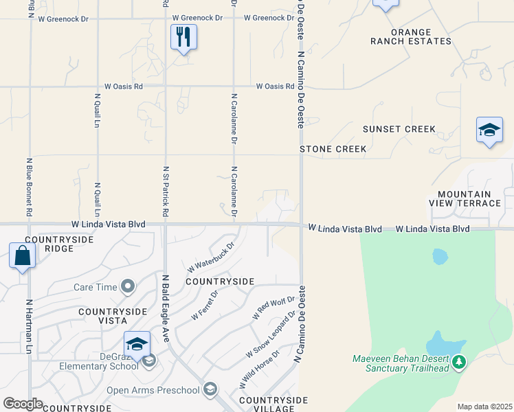 map of restaurants, bars, coffee shops, grocery stores, and more near 4720 West Linda Vista Boulevard in Tucson