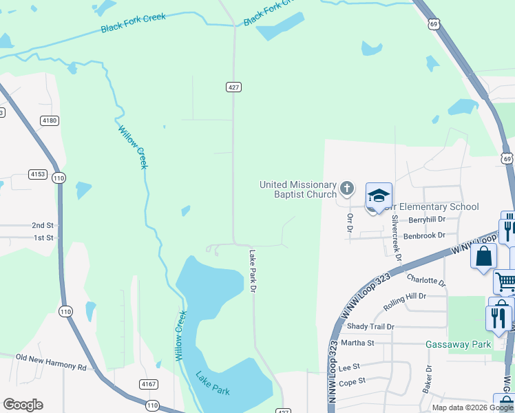 map of restaurants, bars, coffee shops, grocery stores, and more near 4404 County Road 427 in Tyler
