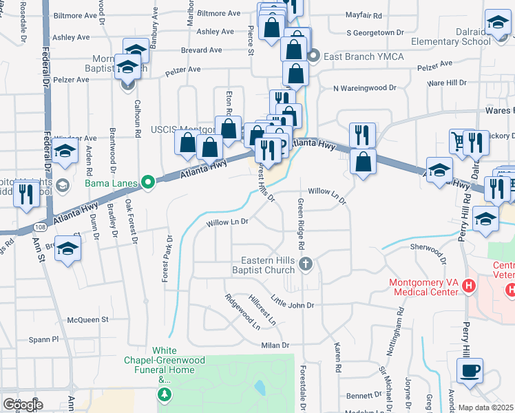 map of restaurants, bars, coffee shops, grocery stores, and more near 3355 Willow Lane Drive in Montgomery