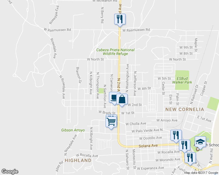 map of restaurants, bars, coffee shops, grocery stores, and more near 1201 North Cameron Avenue in Ajo