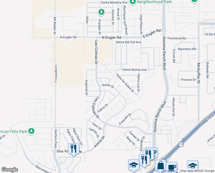 map of restaurants, bars, coffee shops, grocery stores, and more near 5183 Arena Drive in Las Cruces