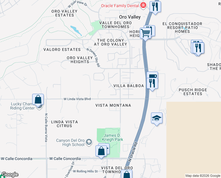 map of restaurants, bars, coffee shops, grocery stores, and more near 19 East Sunridge Place in Oro Valley