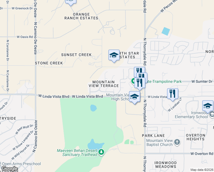 map of restaurants, bars, coffee shops, grocery stores, and more near 9669 North Sherbrooke Street in Tucson