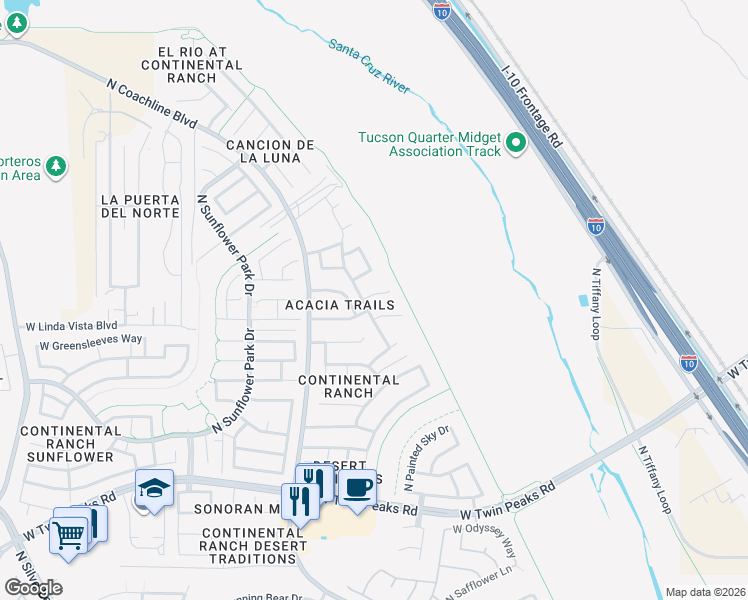 map of restaurants, bars, coffee shops, grocery stores, and more near 9704 N Long Creek Dr in Tucson