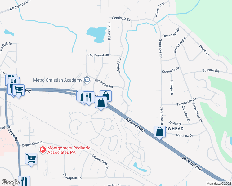 map of restaurants, bars, coffee shops, grocery stores, and more near 87 Oldfield Circle in Montgomery