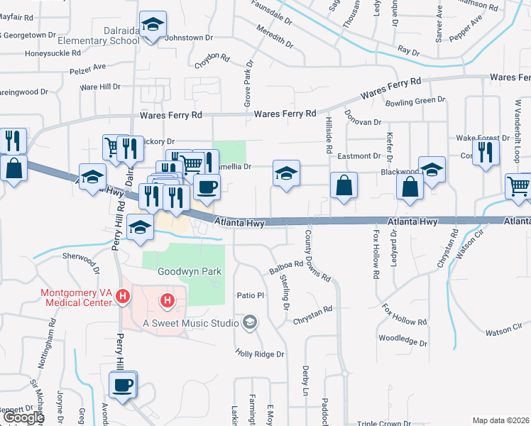 map of restaurants, bars, coffee shops, grocery stores, and more near 10 Van Allen Dr in Montgomery