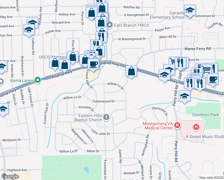 map of restaurants, bars, coffee shops, grocery stores, and more near 244 Easthaven Road in Montgomery