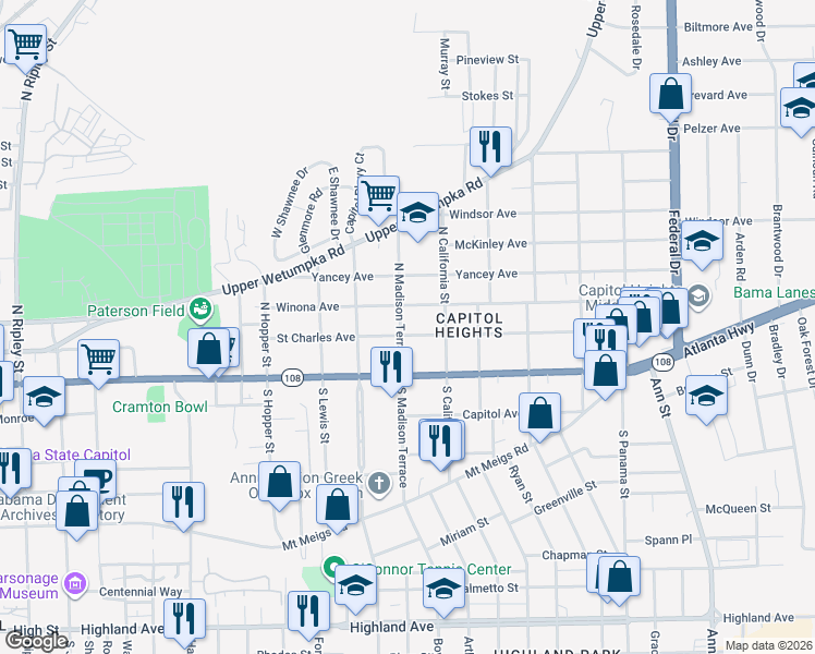 map of restaurants, bars, coffee shops, grocery stores, and more near 1807 Saint Charles Avenue in Montgomery