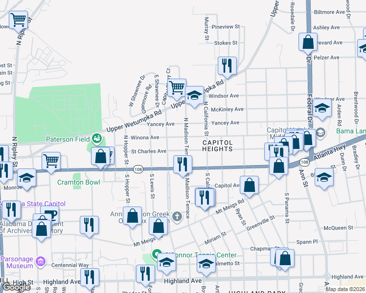 map of restaurants, bars, coffee shops, grocery stores, and more near 1807 Saint Charles Avenue in Montgomery
