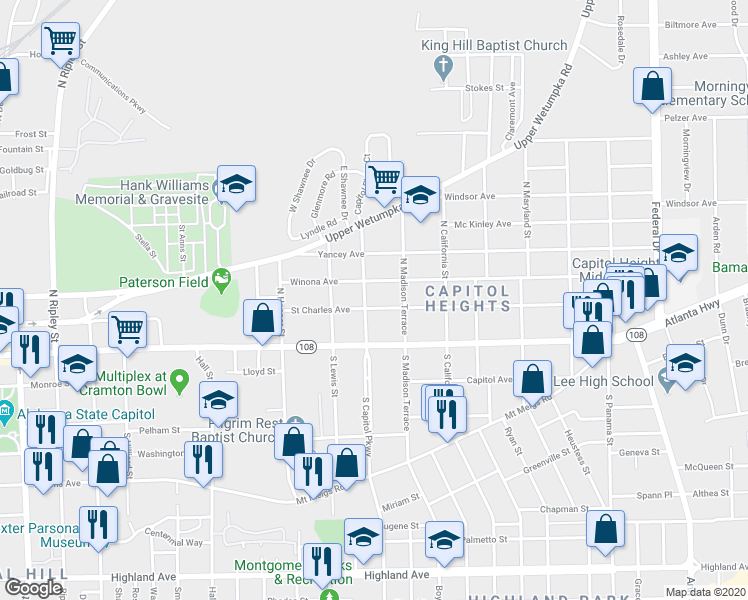 map of restaurants, bars, coffee shops, grocery stores, and more near 1716 Saint Charles Avenue in Montgomery