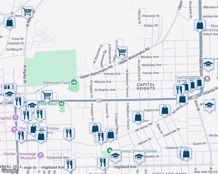 map of restaurants, bars, coffee shops, grocery stores, and more near 102 North Lewis Street in Montgomery