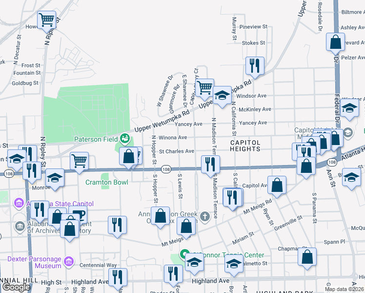 map of restaurants, bars, coffee shops, grocery stores, and more near 102 North Lewis Street in Montgomery
