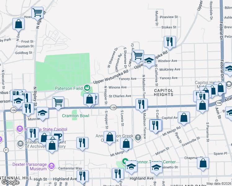 map of restaurants, bars, coffee shops, grocery stores, and more near 1527 Saint Charles Avenue in Montgomery