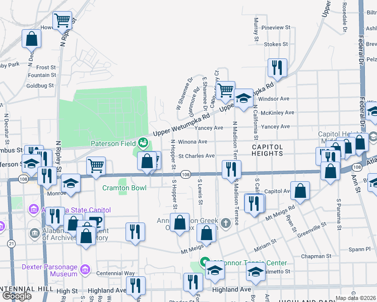 map of restaurants, bars, coffee shops, grocery stores, and more near 1527 Saint Charles Avenue in Montgomery