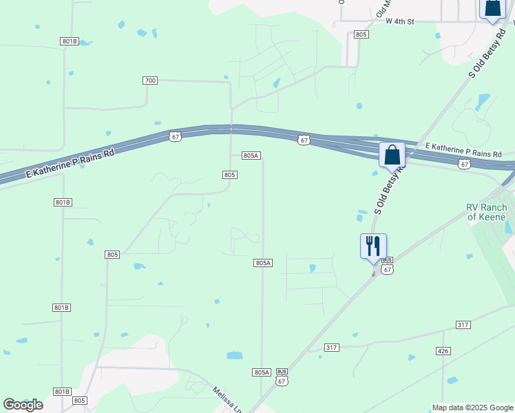 map of restaurants, bars, coffee shops, grocery stores, and more near 617 County Road 805A in Cleburne