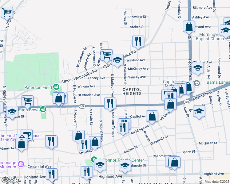 map of restaurants, bars, coffee shops, grocery stores, and more near 1807 Saint Charles Avenue in Montgomery