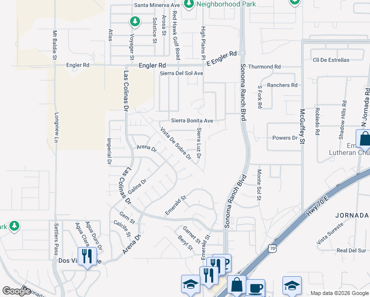 map of restaurants, bars, coffee shops, grocery stores, and more near 7348 Vista De Sobre Drive in Las Cruces