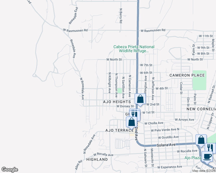 map of restaurants, bars, coffee shops, grocery stores, and more near 1201 North Kilbright Avenue in Ajo