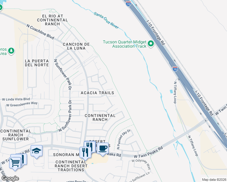 map of restaurants, bars, coffee shops, grocery stores, and more near 7419 West Dream Maker Place in Tucson
