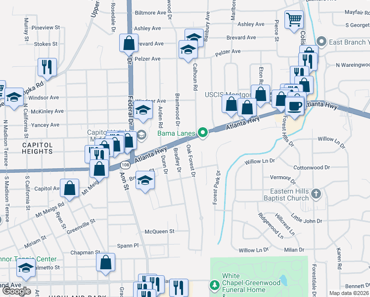map of restaurants, bars, coffee shops, grocery stores, and more near 6 Oak Forest Drive in Montgomery